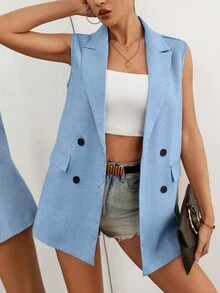 EMERY ROSE 女式简约翻领双排扣背心 - 淺藍色 - 查看 1