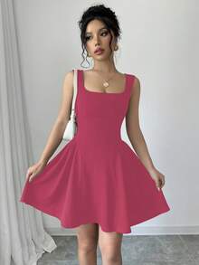 Elenzga Women's Square Neck Sleeveless A-Line Magenta Dress,Summer Elegant Graduation Textured Solid Color Ruched Hem Waist-Cinching Italian Style - Hot Pink - View 3