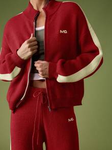 MISSGUIDED Knitted Wide Leg Trouser With Stripe Detail And Embroidery Logo For Cozy Winter Loungewear Christmas - Burgundy - View 5