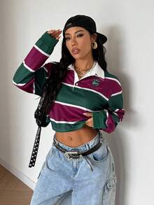 SHEIN HypeZone 女士休闲条纹衬衫领卫衣 - 彩色 - 查看 3