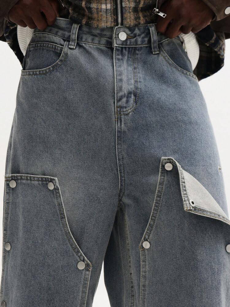 Baggy Carpenter Denim Jeans With Snap Details