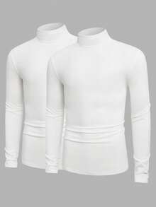 Manfinity VCAY 2 件装男士成熟休闲纯色修身立领长袖修身 T 恤 - 白色 - 查看 5