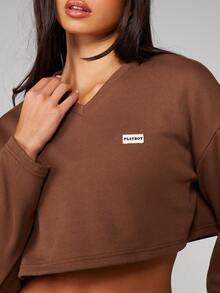 Missguided x Playboy Christmas V-Neck Ribbed Cropped Sweatshirt With Wide Leg Pants Set - Mocha Brown - View 5
