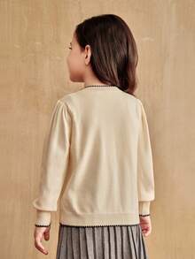 SHEIN Apricot Knitwear Cardigan With Embroidered Bow Details And Round Neck For Cute Style Warm And Soft For Autumn School Clothes Go Out, Party,Daily Wear Fall Winter - Apricot - View 2