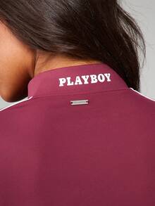 Missguided x Playboy Funnel Neck Zip Up Track Top And Cycling Shorts Coordinated Set With White Contrast Piping Detail - Burgundy - View 6