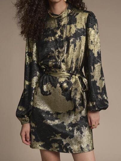 Florisole Women's Autumn/Winter Bohemian High-End Elegant Gold Thread Jacquard Loose A-Line Short Dress