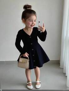 SHEIN Baby Girl Solid Color Striped Cardigan Dress - Black - View 2