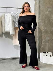 SHEIN EZwear 两件套加大码罗纹保暖柔软休闲/约会套装，黑色，秋冬季 - 黑色 - 查看 6