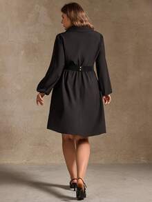 Elegantrix Plus Size Black Long Sleeve Short Dress With Metal Waist Chain, Waist Cinching Design, Suitable For Christmas, Halloween, Autumn/Winter Women Shirt Dress - Black - View 5