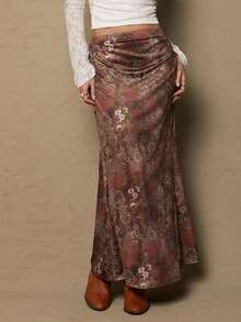 Freevana 大码女式休闲度假风佩斯利印花低腰鱼尾裙 - 卡其色 - 查看 3