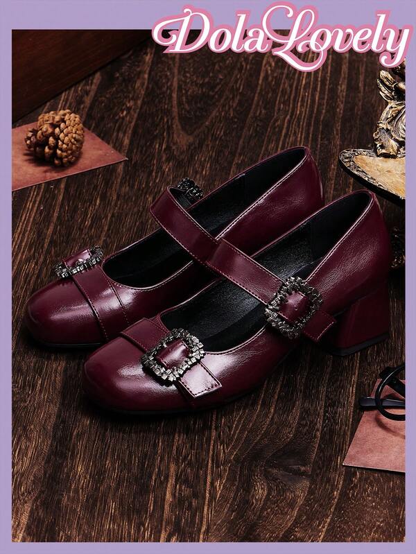 Dola Lovely New Round Toe High Heel Shoes, Classic Burgundy Mary Jane Shoes With Metal Buckle Decor, Retro Chunky Heel Pumps
