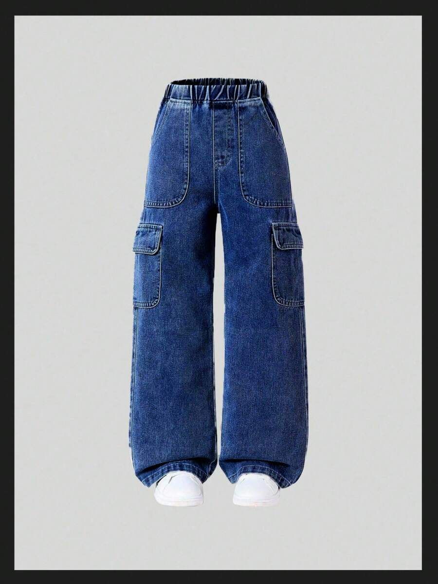 SHEIN Girls' Casual All-Match Loose Straight Leg Washed Denim Cargo Pants, Versatile & Comfortable Essential Item For 2025 Fall Winter Street Vintage Retro Washed 2000s Slant Pocket Raw Trim Denim Baggy - Dark Wash - View 1