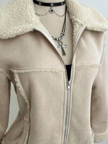 Elamini 仿绒面革绒领拉链口袋落肩长袖宽松外套，时尚街头风复古优雅高端简约设计，适合休闲、外出、约会、秋冬季穿着。 - 杏色 - 查看 6