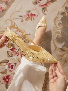CUCCOO TILAWA Rhinestone Embellished Women's High Heel Pumps, Comfortable For Commuting For Christmas - Gold - View 8