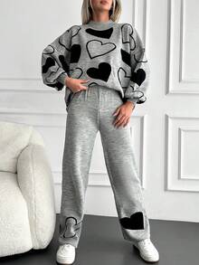 EURMUSE Women's Casual Heart Pattern Knitted Sweater And Pants 2 Pieces Set, Autumn/Winter - Grey - View 4