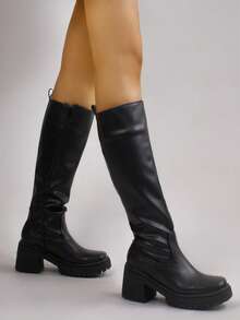 Botas Largas De Mujer Con Tacón Grueso Y Suela Dentada, Botas Altas De Piel Sintética Estilo Casual A La Moda Con Cierre Lateral - Negro - Ver 5