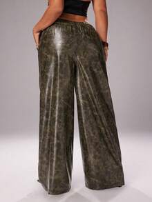 Rustia Party Fall Autumn And Winter Plus Size Retro Punk Style PU Wide Leg Pants - Brown - View 2