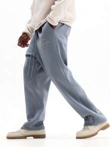 SUMWON Straight Fit Sweatpants With Star Circle Branding Casual Comfort Loungewear Fall Winter Plain - Grey - View 2