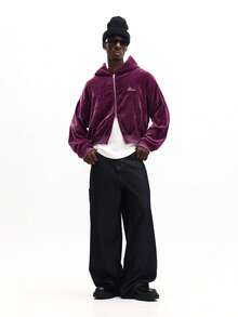 SUMWON Crop Fit Men Velour Full Zip Hoodie With Embroidered Logo Casual Streetwear Sweatshirt Winter Autumn Outerwear Plain - Purple - View 6