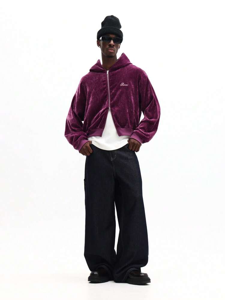 Velours-Kapuzenpullover mit durchgehendem Reißverschluss und gesticktem Logo