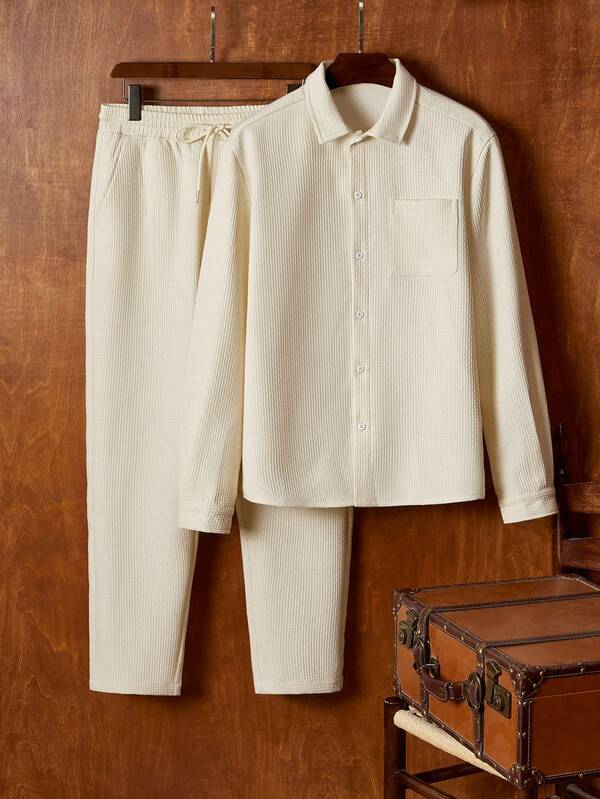 Manfinity NXTstreet Men's Casual Solid Color Front Button Long Sleeve Shirt And Pants Set, Autumn