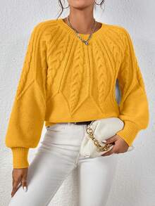 EMERY ROSE 秋冬休闲纯色灯笼袖毛衣 - 芥末黃 - 查看 4
