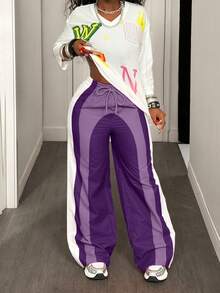 BamGleam 女士时尚撞色抽绳宽松裤 - 紫色 - 查看 5