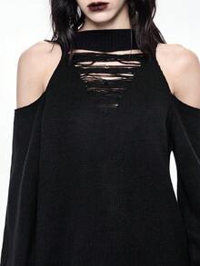 ROMWE Gothic Dark Style Open Shoulder Halter Neck Ripped Midi Dress, Edgy Distressed Design - Black - View 2