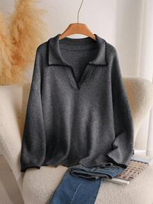 CosyJoli Plus Size Casual Color Block Trim V-Neck Pullover Sweater/Winter - Grey - View 1