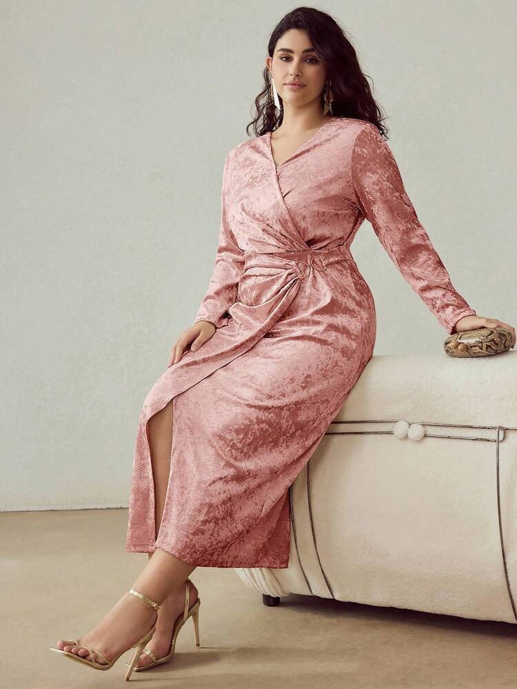 PLUS VELVET RUCHED SPLIT HEM DRESS
