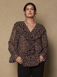 Freevana Plus Size Elegant Vintage Polka Dot Black Ruffle Collar Long Sleeve Blouse - Black - View 5