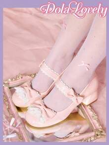 Dola Lovely Giày Mary Jane nơ cho nữ, giày cao gót mũi tròn có khóa cài, giày trắng thời trang đa năng - Hồng - Xem 1