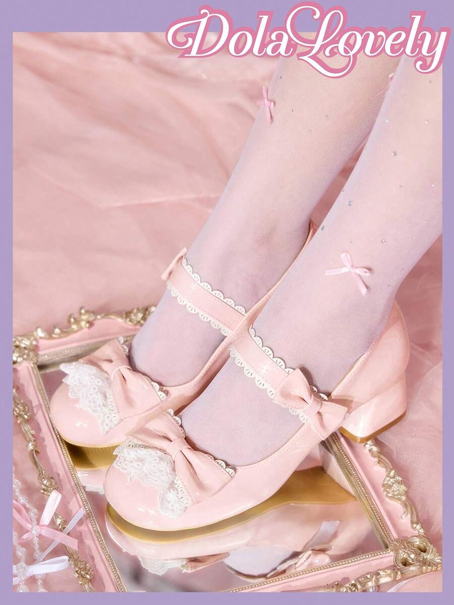 Dola Lovely Giày Mary Jane nơ cho nữ, giày cao gót mũi tròn có khóa cài, giày trắng thời trang đa năng - Hồng - Xem 1
