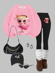 2 件套年轻女孩休闲卡通心形印花落肩宽松圆领长袖运动衫和紧身裤，适合秋冬季 - 彩色 - 查看 2