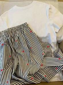 SHEIN 加大码心形刺绣高品质两件套竖条纹修身阔腿裤 - 黑與白 - 查看 2