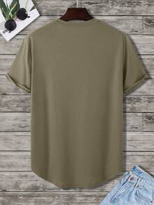 Manfinity Homme Men's Casual Daily Commute Letter Print Loose Short Sleeve T-Shirt, Summer - Army Green - View 2