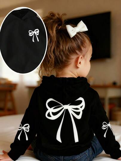 Baby Girl Bow Print Casual Hooded Long Sleeve Sweatshirt, New For Autumn/Winter