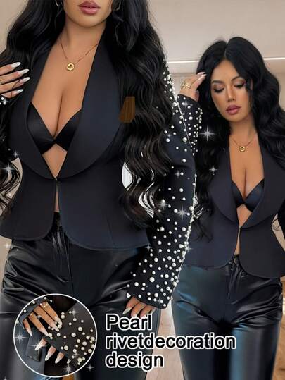 Rafferiza Women's Elegant Faux Pearl Decor Shawl Neck Peplum Coat Blazer Women Woman Pearl Rivet Decoration