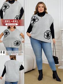 SHEIN CURVE+ Damen Oversize Pullover mit Fledermausärmeln und Blumenmuster, Herbst/Winter Strickpullover