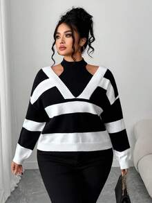 Elenzga Áo len chui đầu rộng rãi thời trang thường ngày hở vai cỡ lớn - Đen và trắng - Xem 4