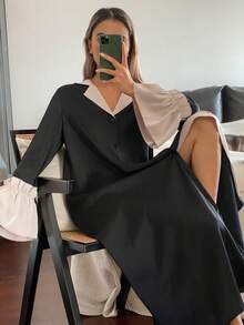 DAZY Women's Contrast Color Ruffle Hem Patchwork Nightgown, Winter, Moo Moo Night Dress - Black - View 4