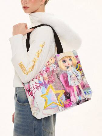 Grunge Punk 1 Stück süße Puppen-bedruckte Handtasche mit großer Kapazität, mit Musiknoten- und Sternelementen verziert, praktisch für tägliche Reisen, Einkaufen, Pendeln
