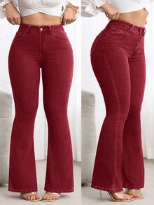 Flexra Plus Size High Waist Slim Fit Flare Leg Washed Dark Blue Jeans - Red - View 1