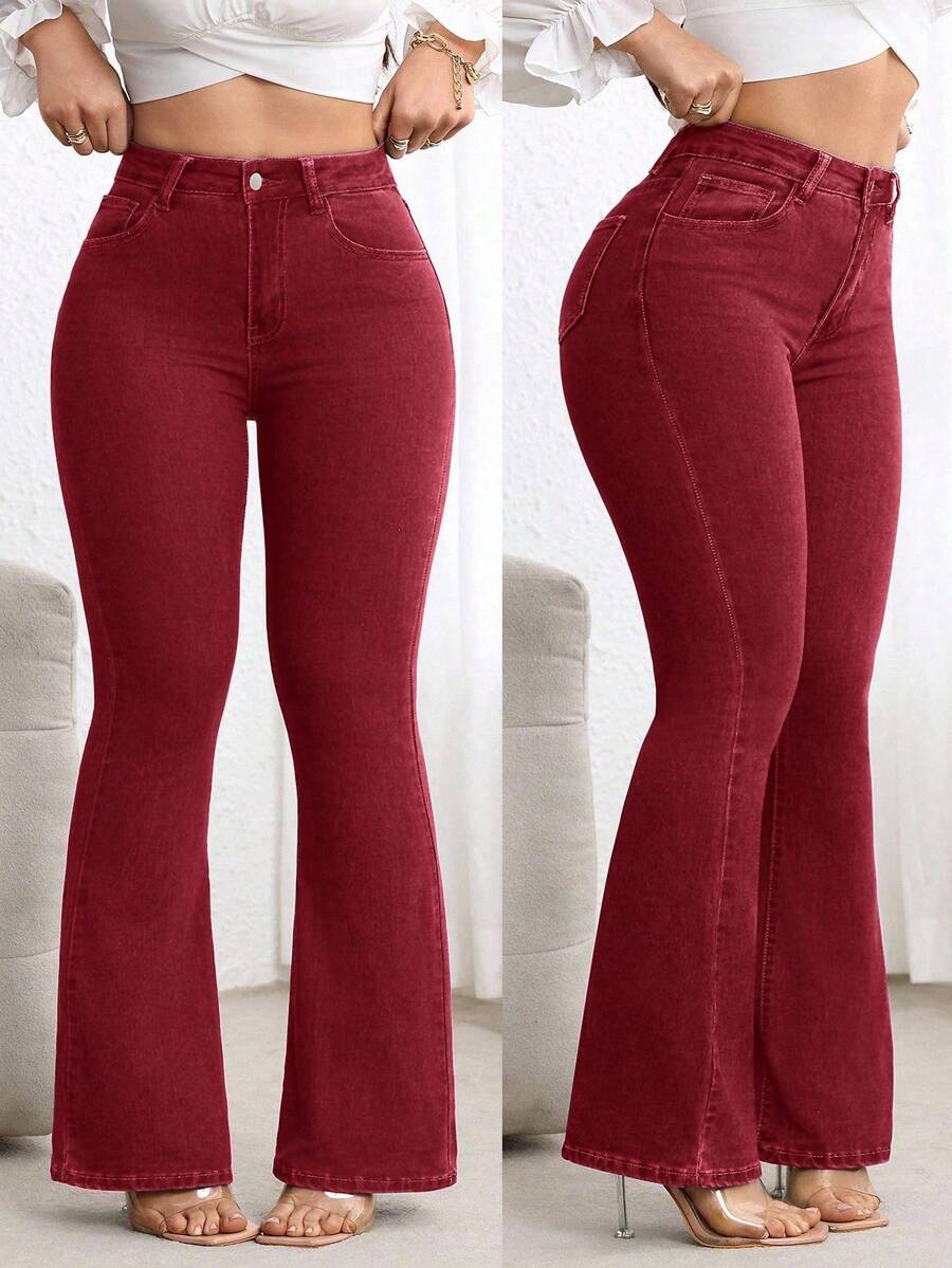 Flexra Plus Size High Waist Slim Fit Flare Leg Washed Dark Blue Jeans - Red - View 1