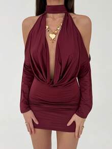 Aloruh Women's Plunging Neck Cold Shoulder Burgundy Mini Dress,Elegant Wedding Guest Evening Formal Party Dress For Winter,Techno Date Night Out Rave - Cherry Red - View 9