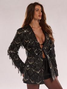 SHEIN BAE Women's Long-Sleeve Sequined Fringe Single-Button Elegant Fashion Blazer,, Perfect For Parties,And Festive Occasions Party Blazer, Black Fringe Blazer - Black - View 5