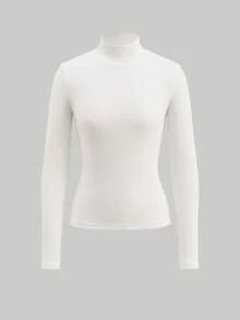 SHEIN BASICS قميص قاعدة أساسي بأكمام طويلة ضيق الملائمة بياقة عالية مناسب للخريف/الشتاء للنساء - أبيض - مشاهدة 6