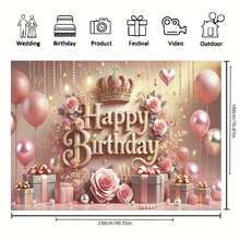 1pc Pink Floral Balloon Birthday Party Background With Crown Pearl Gift Box Design, Princess Birthday Party Background Cloth, Cake Table Decor, Photography Backdrop, Polyester Banner - Apricot - View 15