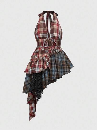 ROMWE Avant Plus Size Fashion Plaid Patchwork Asymmetric Hem Backless Halter Dress
