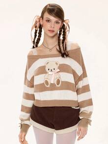 ROMWE Suéter holgado de punto a rayas lindo y kawaii para mujer - Marrón - Ver 4